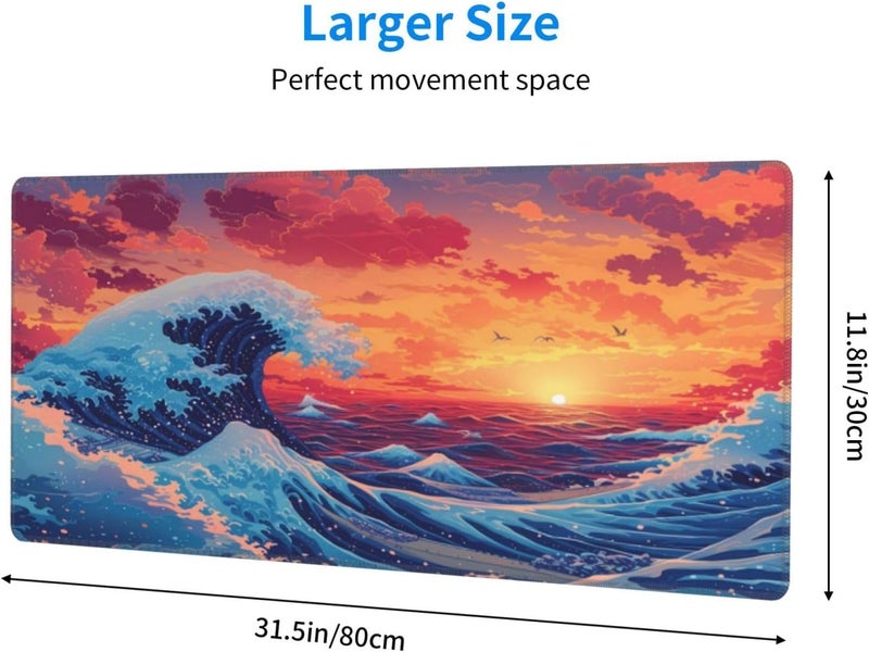 Brecoy Gaming Mouse Pad Desk Pad,Extended Big Mouse Pad,31.5x11.8 Inch Long Computer Keyboard Mouse Mat Mousepad with 3mm Non-Slip Base and Stitched Edge for Gaming and Office… (Sunset Wave) - Image 2